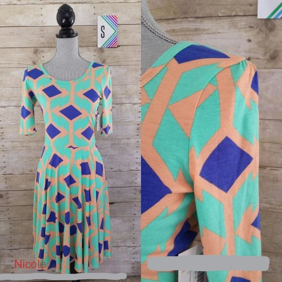 NWT LuLaRoe Nicole Dress Small - Peach, Blue & Mint Design - Picture 1 of 1